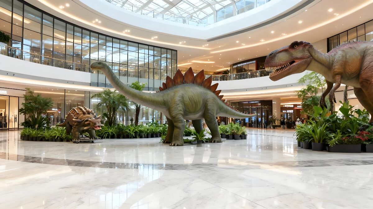 商场内的恐龙主题展示场景