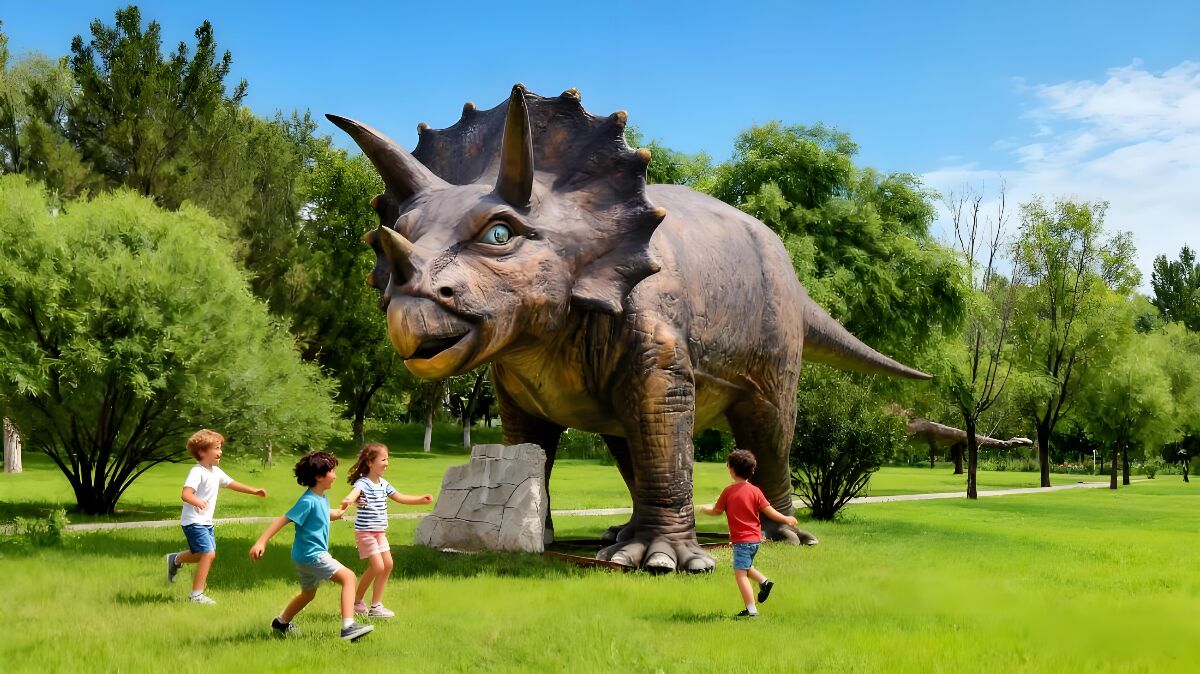 户外公园的仿真恐龙主题场景